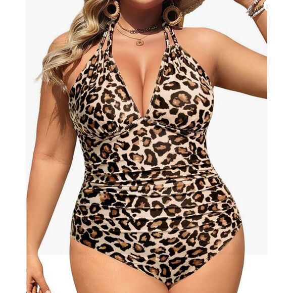 NEW Aqua Eve Leopard 1 Piece Halter Swimsuit Size 22W NWT Wear Two Ways Plus - Picture 2 of 8
